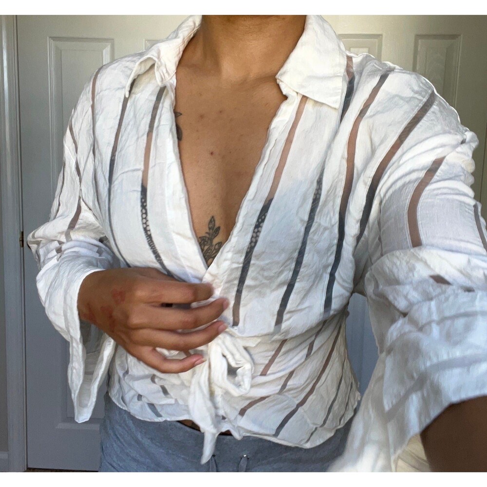 Zara Ivory Mesh Stripes Buttons and bow